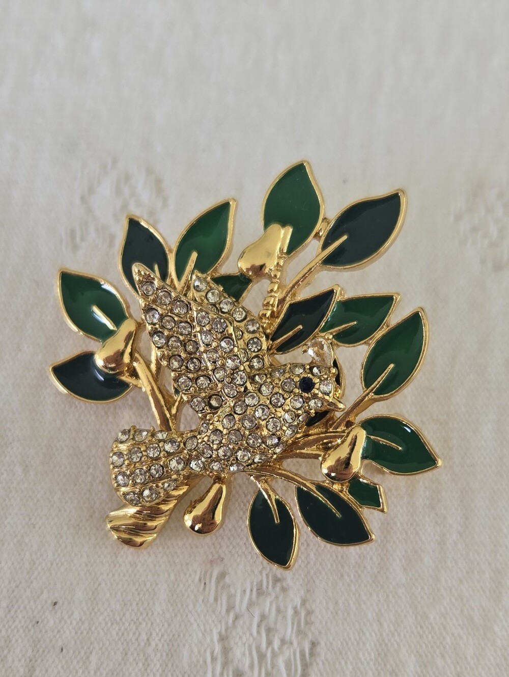 Talbots Gold and Green Crystal Dove Brooch